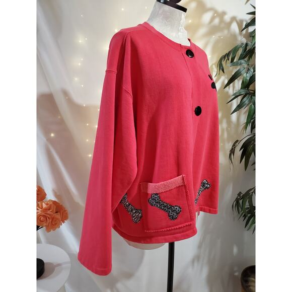 Vtg Tracey Designs Button Dog Cardigan Sweatshirt Size L Pockets Artsy Red Paws - Picture 2 of 12